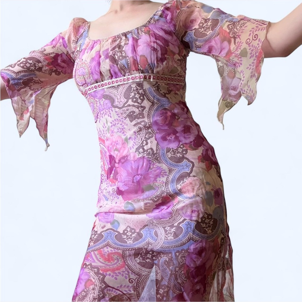 Y2K Floral Sheer Dress with Bell Sleeves